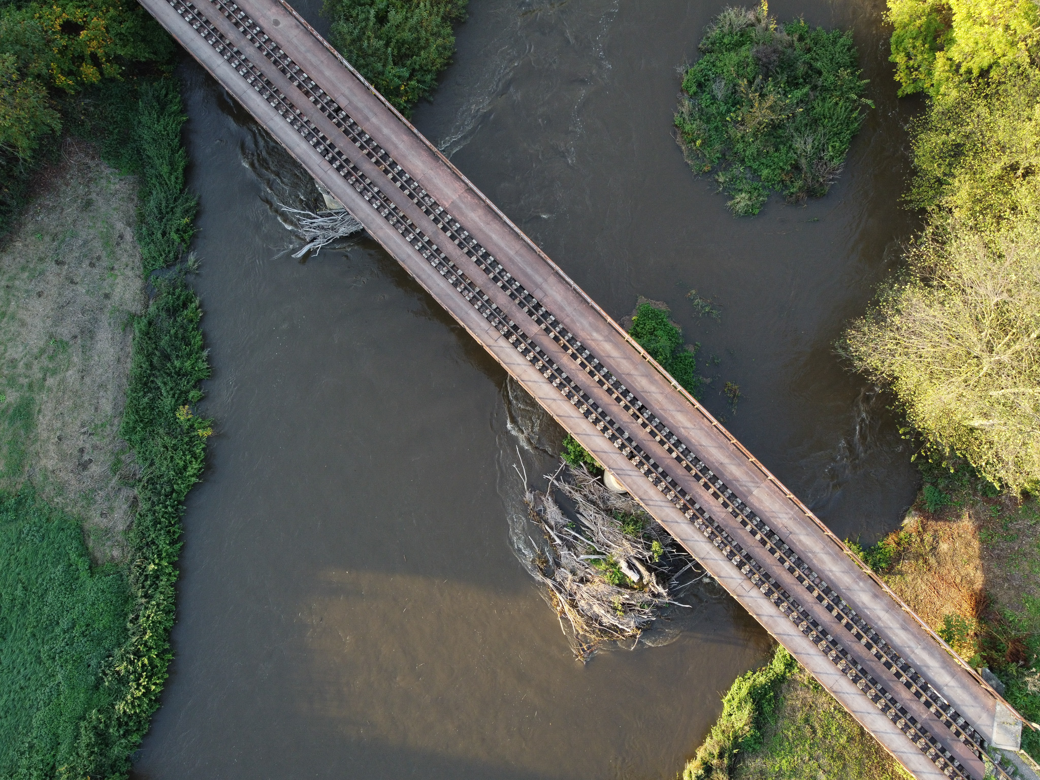 Vue aérienne verticale d’une voie ferrée franchissant un cours d’eau bordé de végétation
