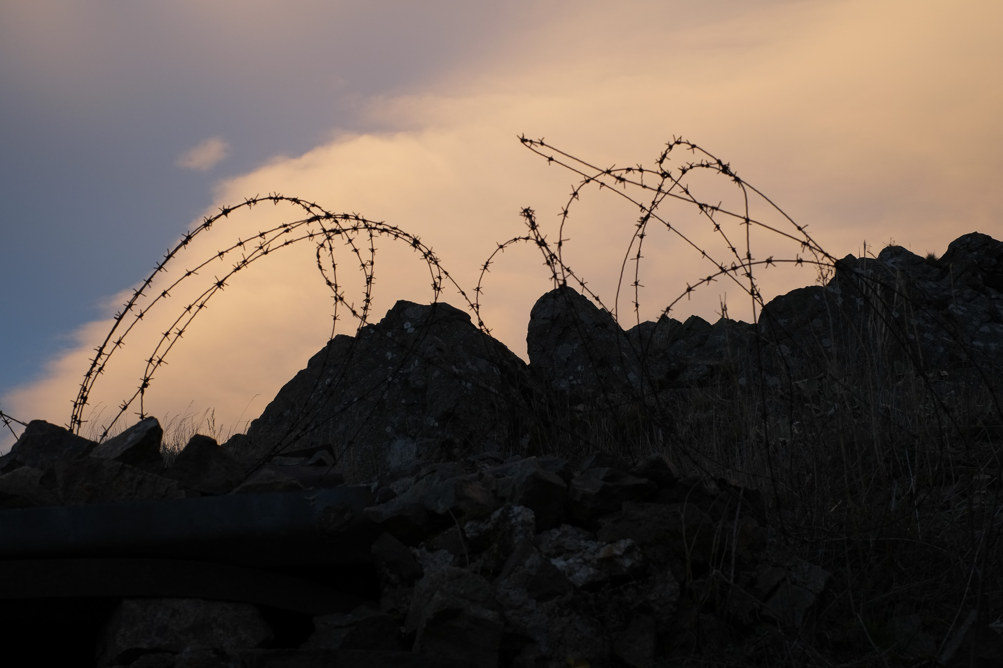 Barbelés dressés sur les vestiges du champ de bataille du Hartmannswillerkopf au crépuscule
